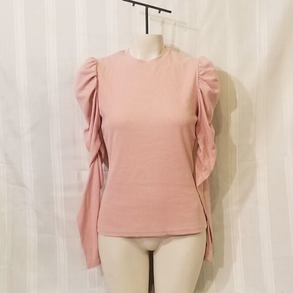 SHEIN Mock Neck Gigot‎ Sleeve Rib-Knit Tee Sz L - Picture 2 of 7